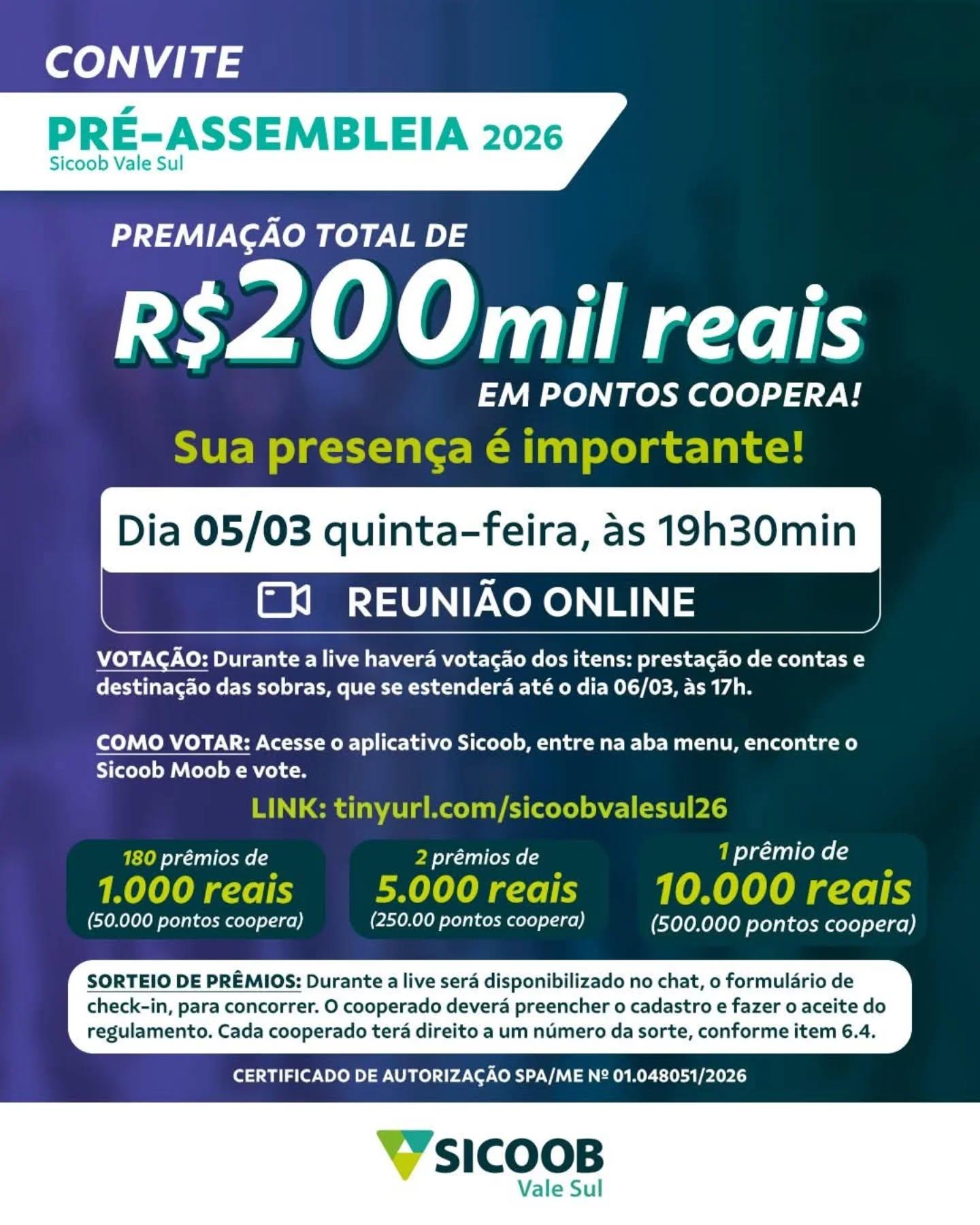 Sicoob Vale Sul realiza hoje Pré-Assembleia 2026 com sorteio de R$ 200 mil em prêmios