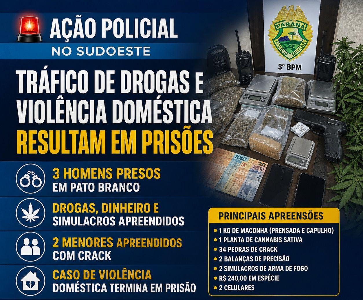 Polícia Militar intensifica ações e realiza prisões por tráfico e violência doméstica no Sudoeste
