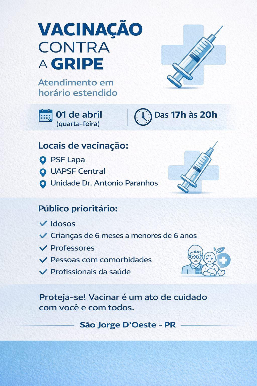 São Jorge D’Oeste amplia horário de vacinação contra a gripe e reforça proteção aos grupos prioritários