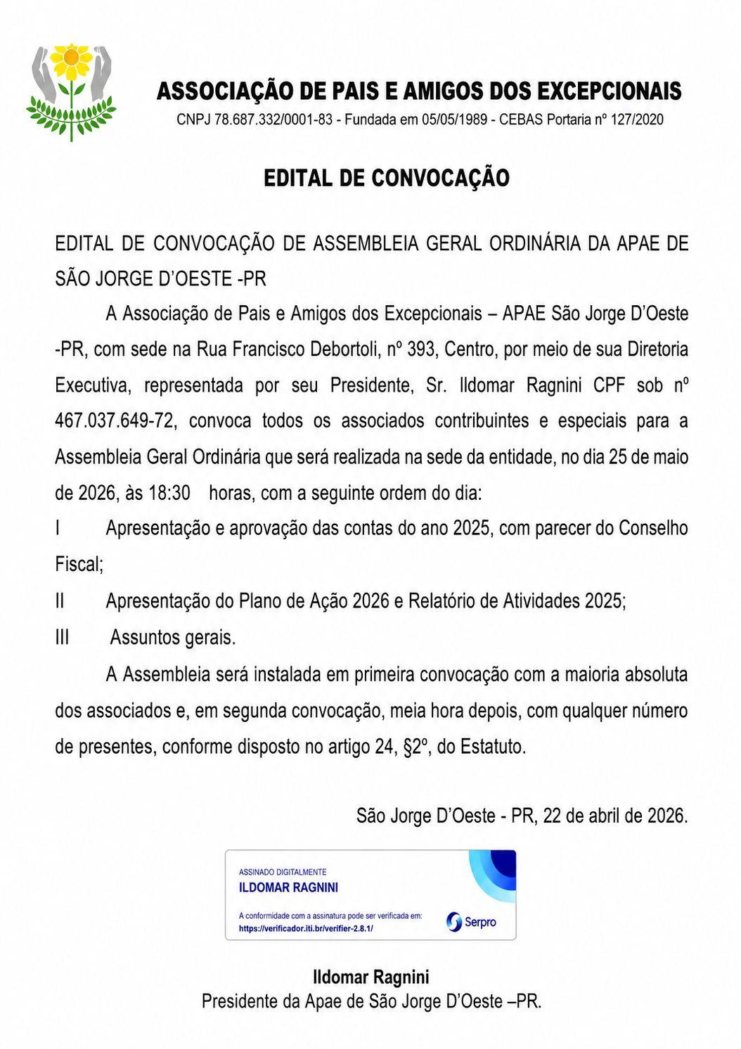 APAE de São Jorge D’Oeste realiza Assembleia Geral Ordinária nesta segunda-feira