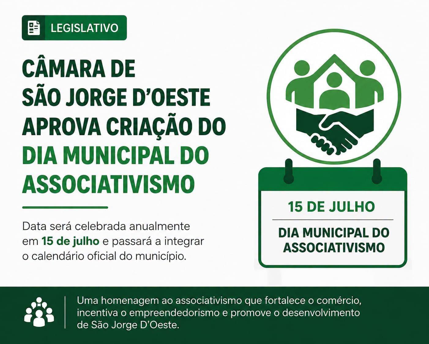 Câmara de São Jorge D'Oeste aprova criação do Dia Municipal do Associativismo