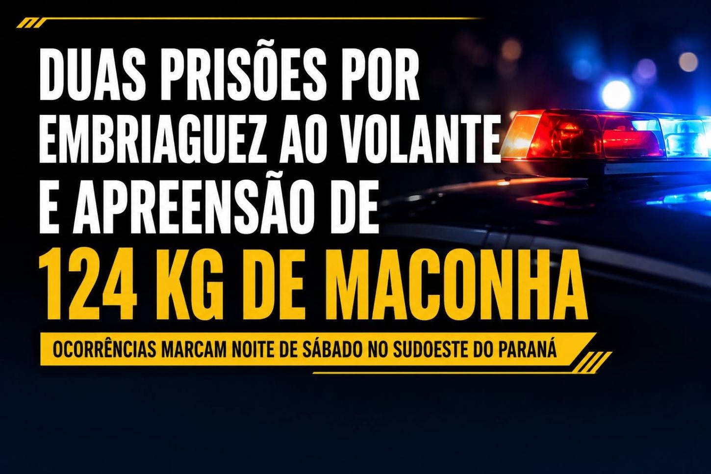 Duas prisões por embriaguez ao volante e apreensão de 124 quilos de maconha marcam noite de ocorrências no Sudoeste