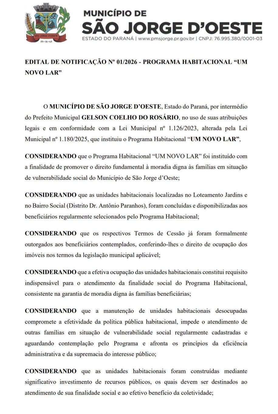 Prefeitura de São Jorge D’Oeste notifica beneficiários do programa “Um Novo Lar” para ocupação de moradias