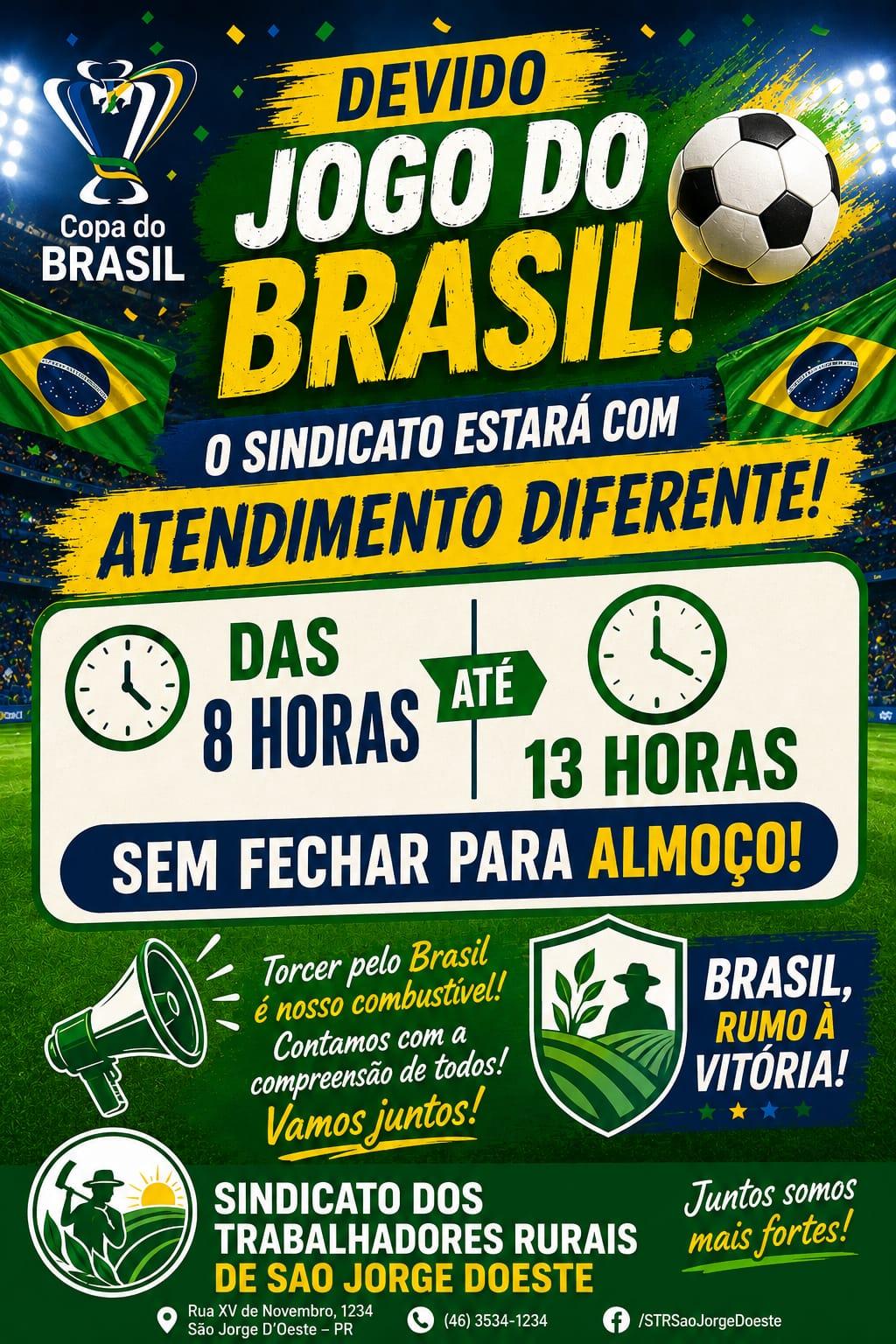 Sindicato dos Trabalhadores Rurais terá atendimento especial durante jogo do Brasil