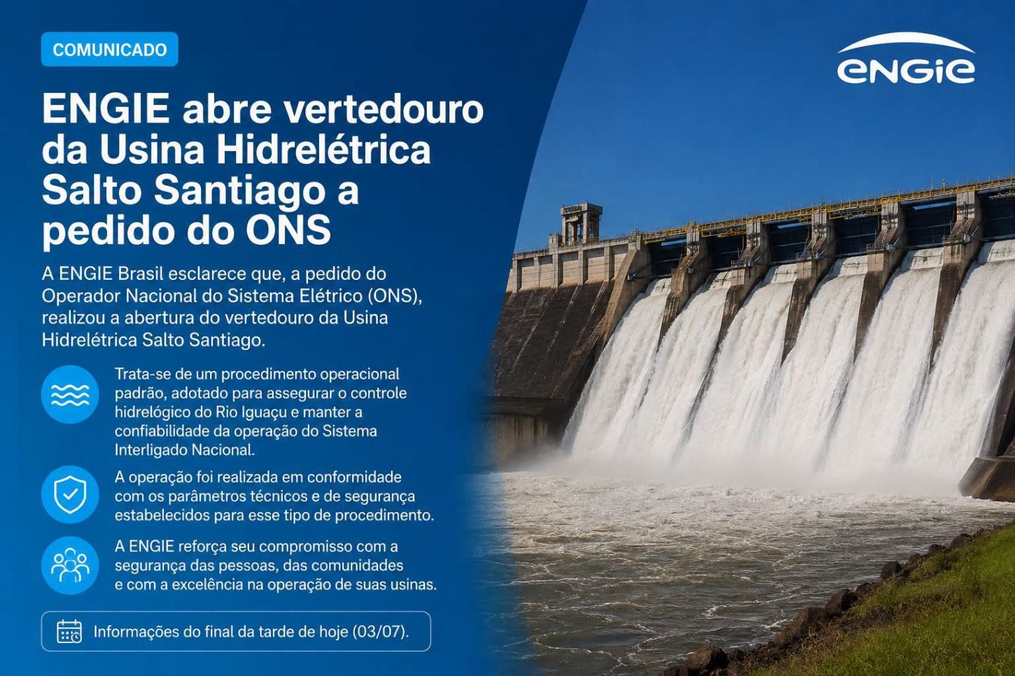ENGIE abre vertedouro da Usina Hidrelétrica Salto Santiago a pedido do ONS