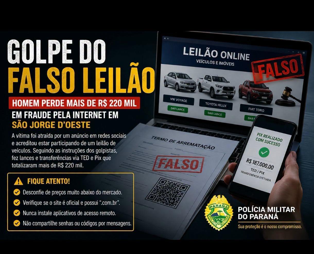 Homem perde mais de R$ 220 mil em golpe do falso leilão em São Jorge D'Oeste