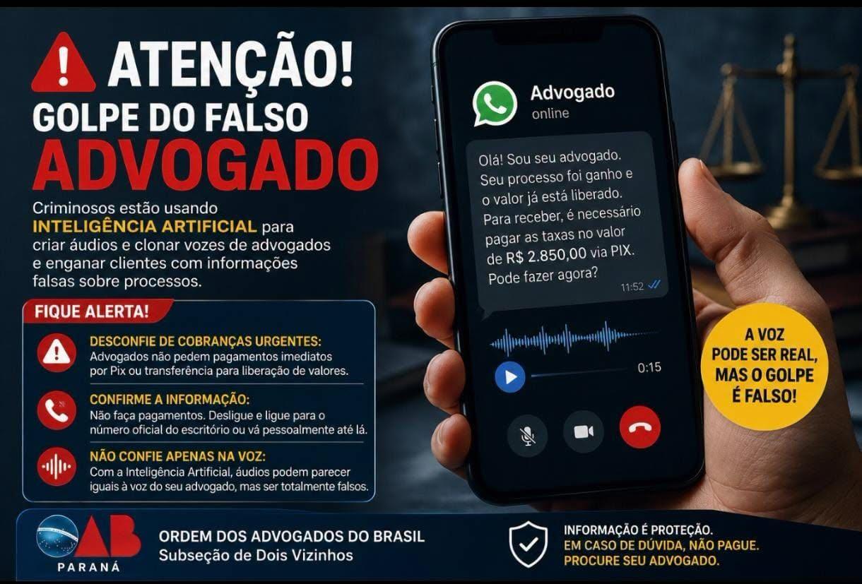 OAB de Dois Vizinhos alerta para uso de Inteligência Artificial em golpe do falso advogado