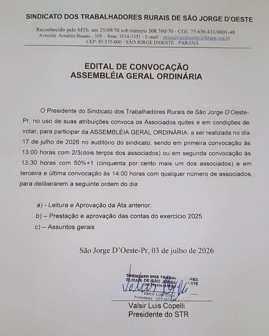 Sindicato dos Trabalhadores Rurais convoca associados para Assembleia Geral Ordinária