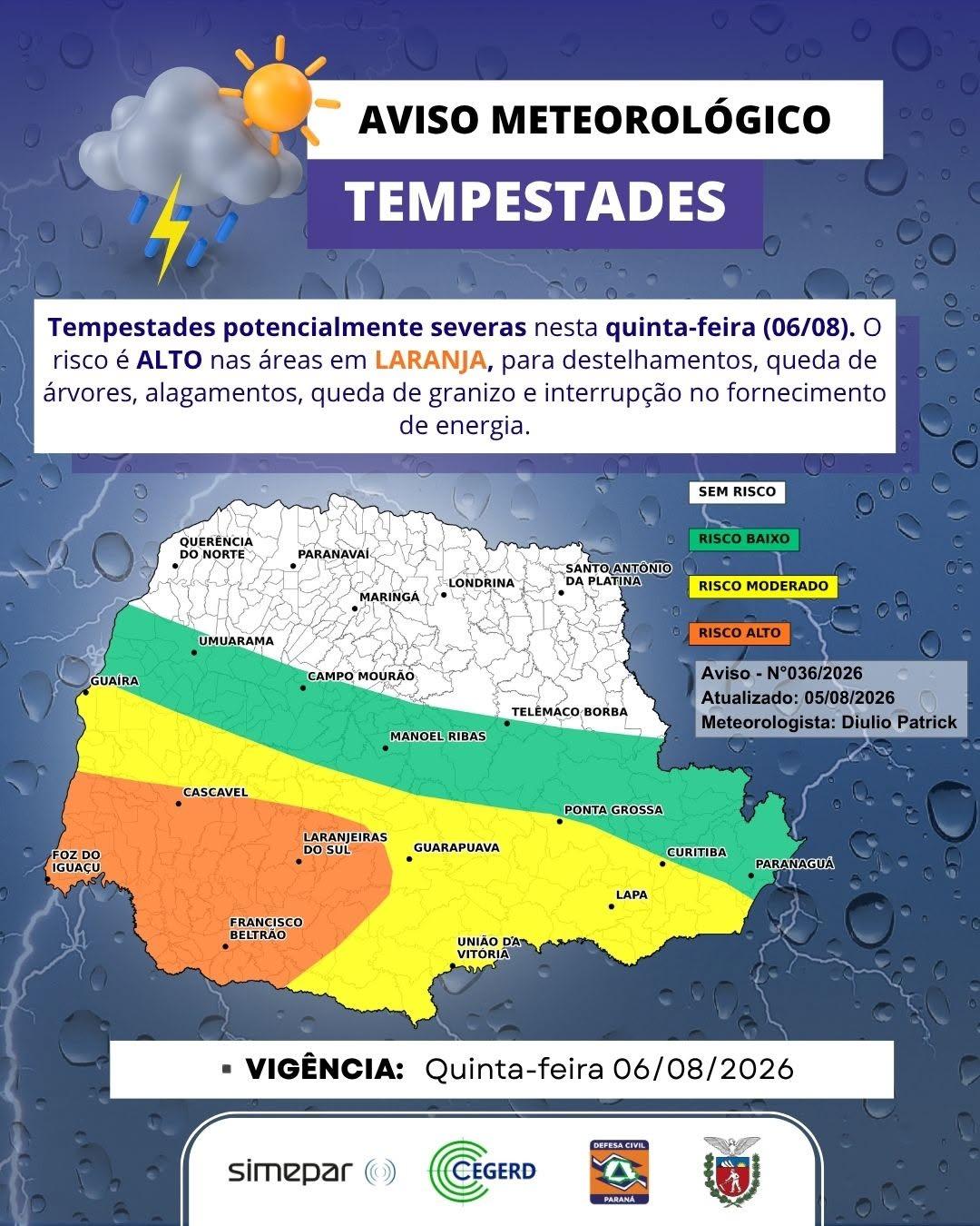 Alerta: Ciclone extratropical e frente fria trazem risco de temporais e ventos fortes no Paraná