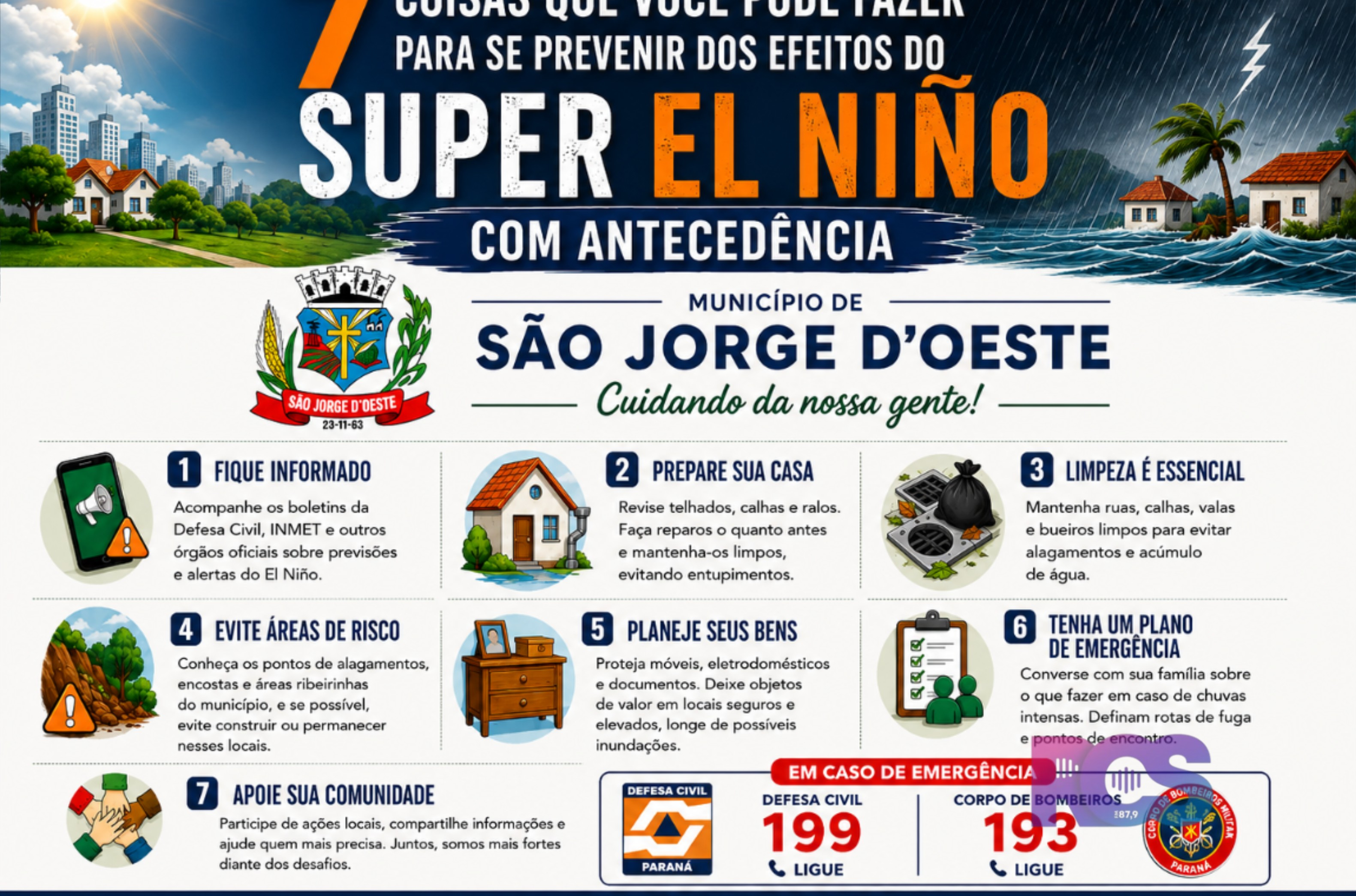 Defesa Civil de São Jorge D’Oeste orienta população sobre medidas preventivas diante de períodos de chuva intens