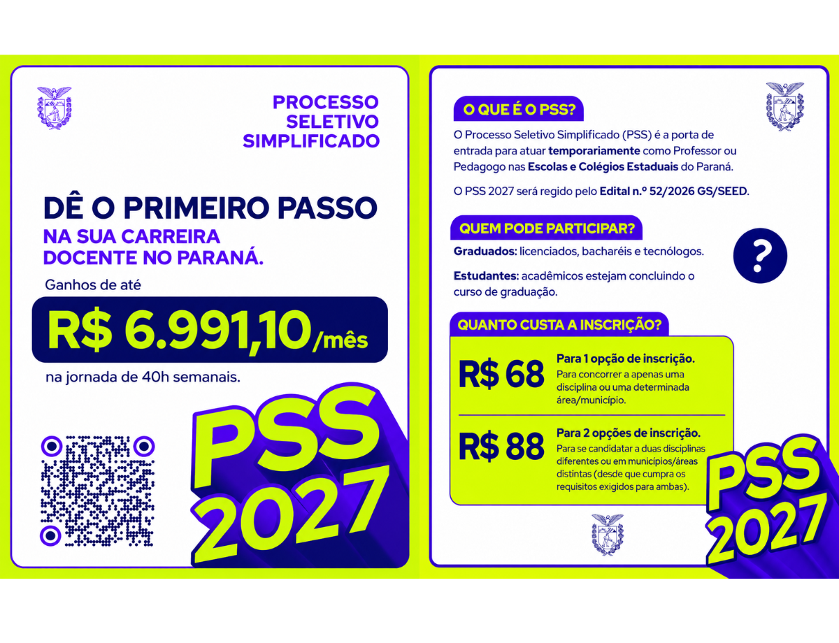 Inscrições para PSS de professores e pedagogos da rede estadual seguem abertas para 2027