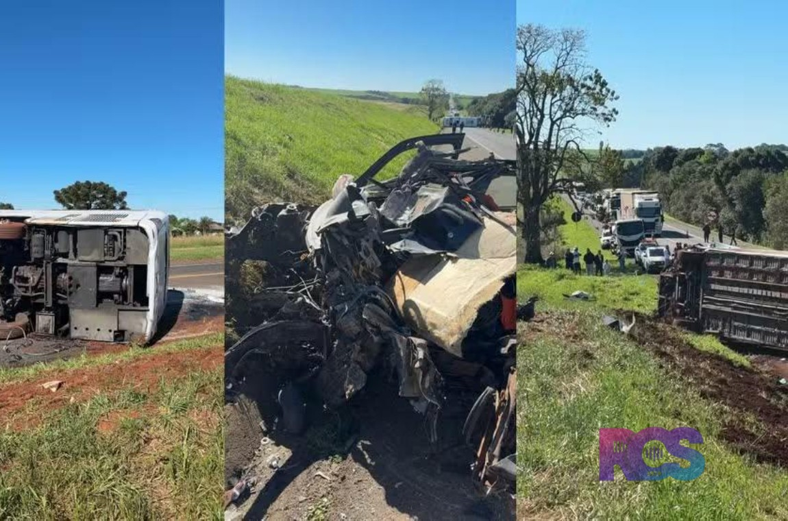Ônibus tomba após colisão com carro na BR-277, no Paraná