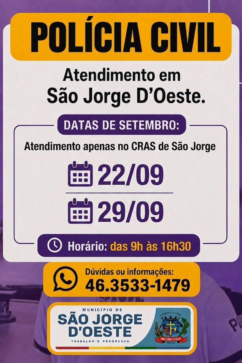 Polícia Civil informa novas datas de atendimento em São Jorge D’Oeste