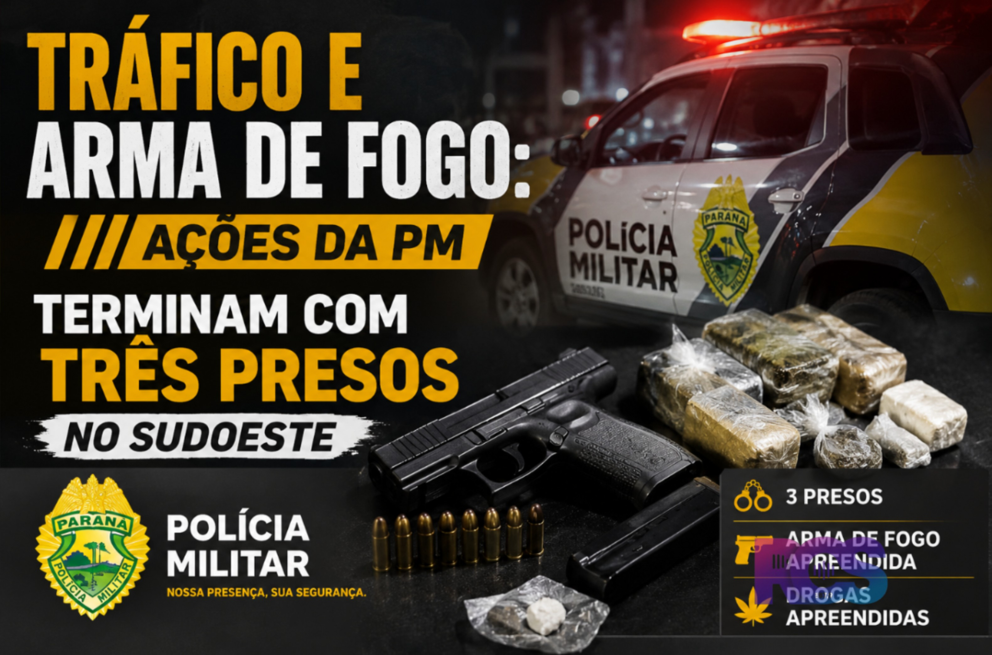 Tráfico e arma de fogo: ações da PM terminam com três presos no Sudoeste