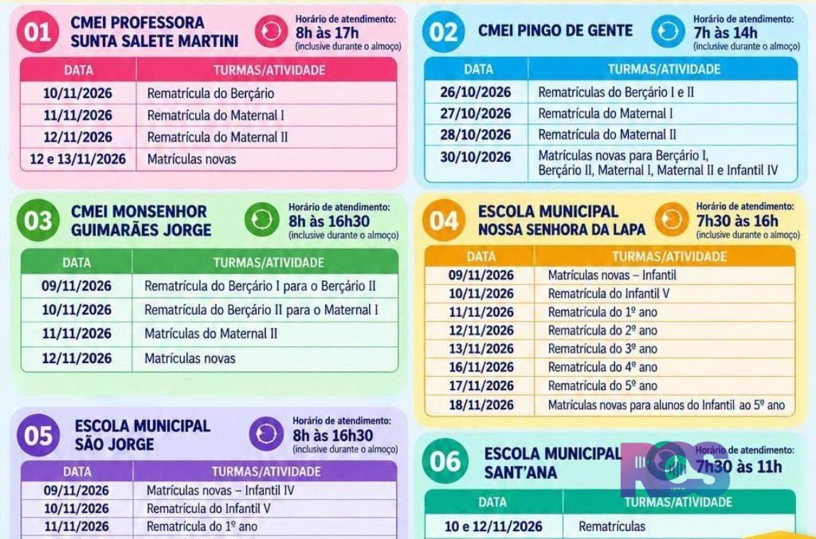 A Secretaria Municipal de Educação, Cultura e Esporte de São Jorge D’Oeste divulgou o calendário de matrículas e rematrículas