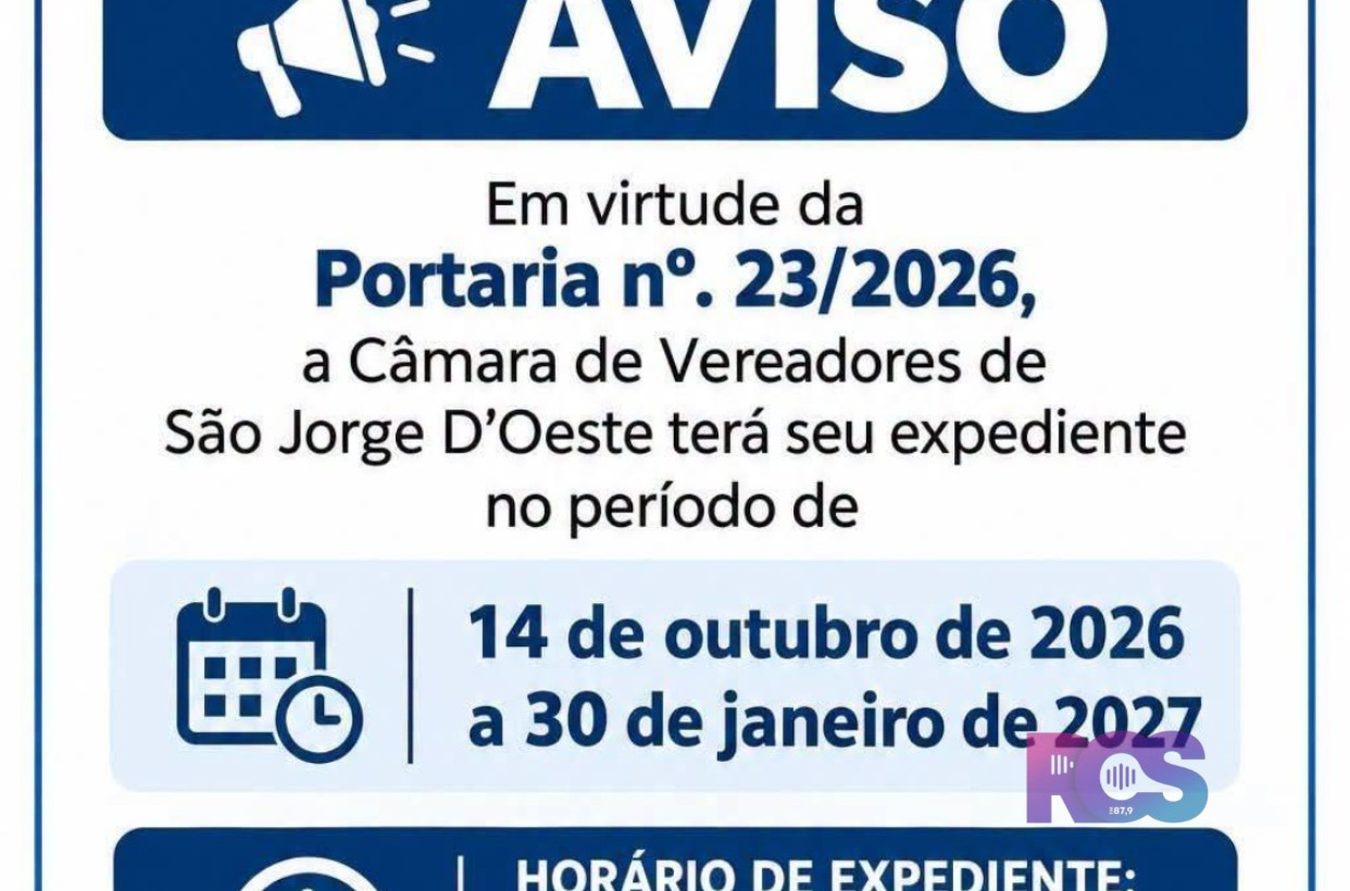 Câmara de Vereadores de São Jorge D’Oeste terá horário especial de expediente até janeiro de 2027